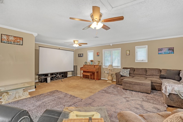 living room featuring hardwood / wood-style flooring, ceiling fan, crown molding, and a textured ceiling