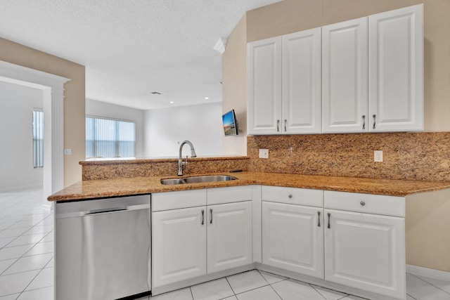 kitchen featuring white cabinetry, a textured ceiling, stainless steel dishwasher, and sink