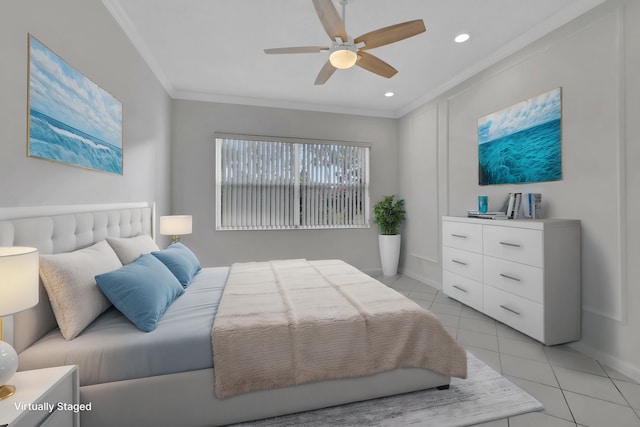 tiled bedroom with ceiling fan and crown molding