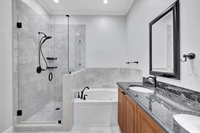 bathroom featuring separate shower and tub, vanity, and crown molding