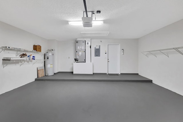 garage with electric panel, water heater, heating unit, and a garage door opener