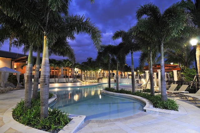 pool at dusk featuring a patio