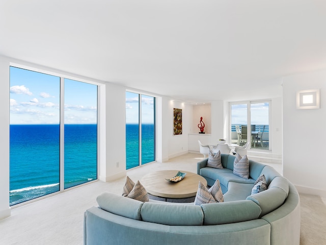 carpeted living room featuring a water view