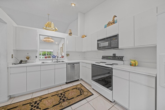 kitchen with white cabinets, sink, electric stove, dishwasher, and lofted ceiling