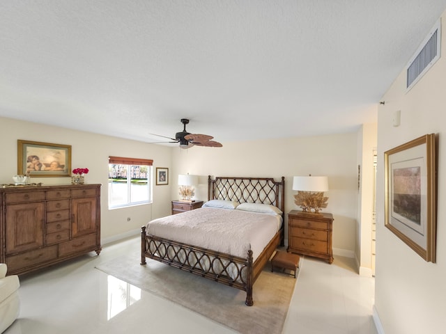 bedroom featuring a textured ceiling and ceiling fan