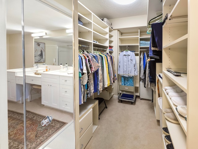 spacious closet featuring light carpet and sink