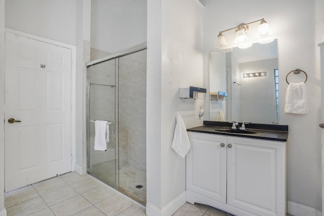 bathroom with tile patterned flooring, vanity, and a shower with door