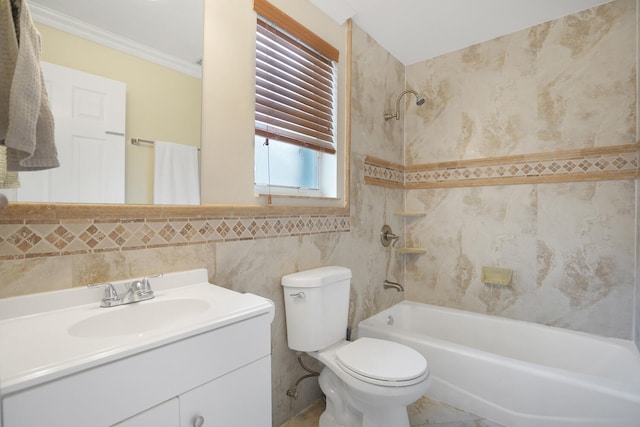 full bathroom featuring vanity, tiled shower / bath combo, crown molding, tile walls, and toilet