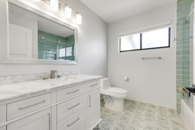 full bathroom with tile patterned floors, vanity, toilet, and tiled shower / bath combo