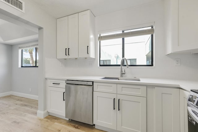 kitchen with white cabinets, appliances with stainless steel finishes, light hardwood / wood-style flooring, and sink