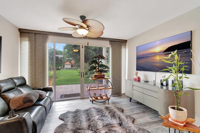 living room with ceiling fan and light hardwood / wood-style floors