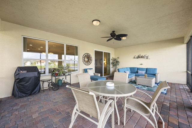 view of patio / terrace featuring ceiling fan and an outdoor hangout area