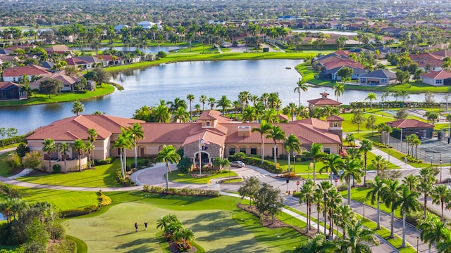 bird's eye view with a water view