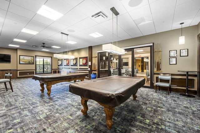 game room with a drop ceiling and billiards