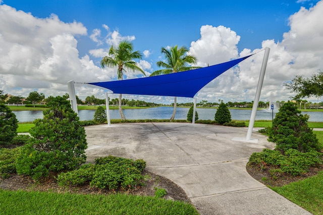 view of patio / terrace featuring a water view