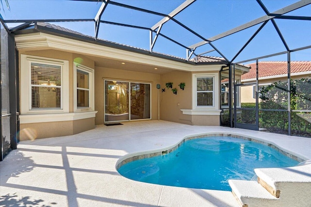 view of swimming pool with a patio and glass enclosure