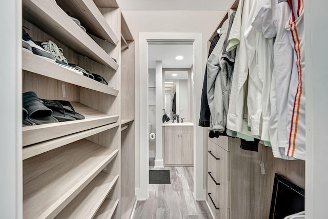 spacious closet with light hardwood / wood-style flooring and sink