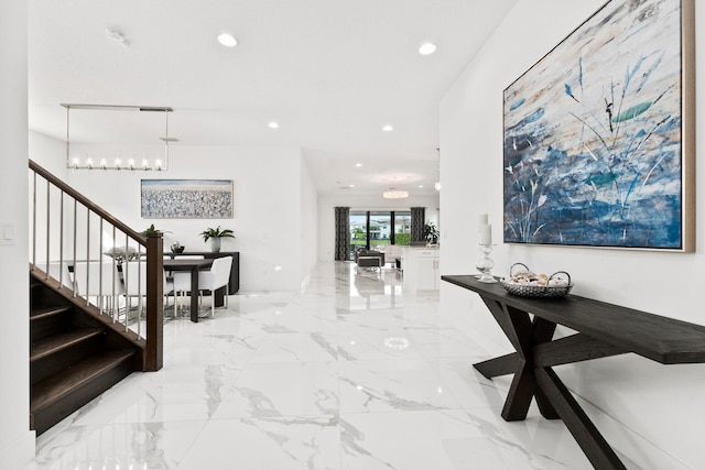 13689 Artisan Cir, Palm Beach Gardens, FL 33418 - hall with stairway, marble finish floor, and recessed lighting