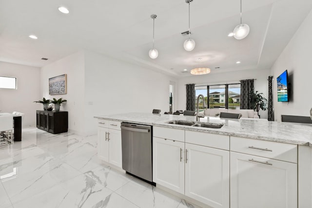 13689 Artisan Cir, Palm Beach Gardens, FL 33418 - kitchen featuring a sink, white cabinetry, light stone countertops, dishwasher, and recessed lighting