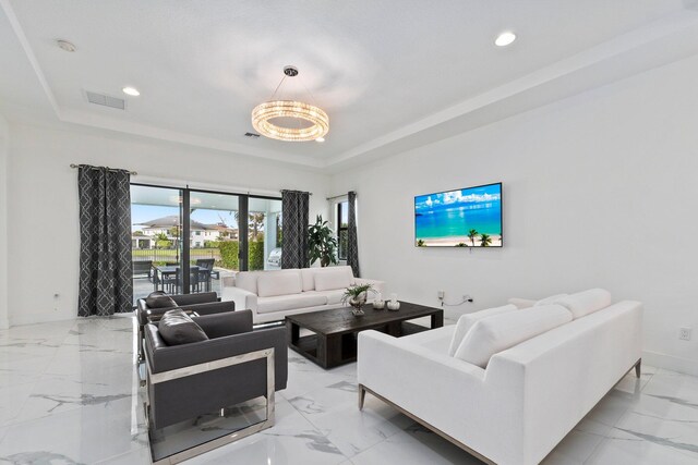 13689 Artisan Cir, Palm Beach Gardens, FL 33418 - living room with marble finish floor, visible vents, recessed lighting, a raised ceiling, and baseboards