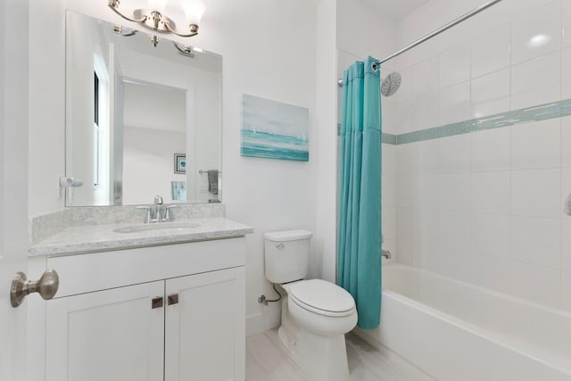 13689 Artisan Cir, Palm Beach Gardens, FL 33418 - bathroom featuring toilet, vanity, tile patterned floors, a chandelier, and shower / bathtub combination with curtain