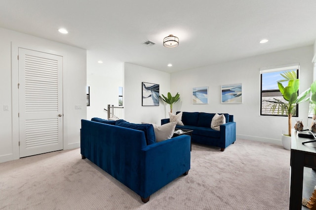 living room with light colored carpet