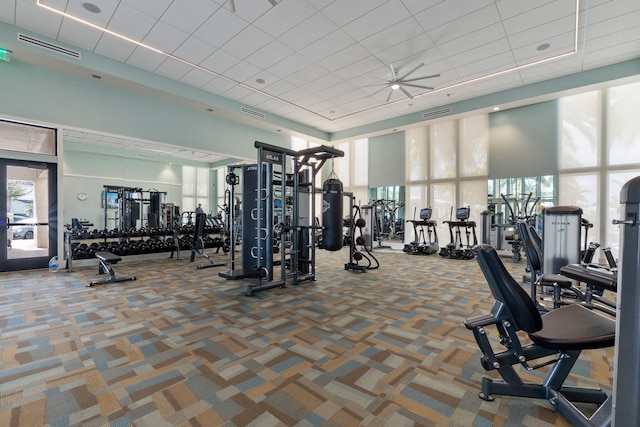 exercise room with a towering ceiling and carpet flooring