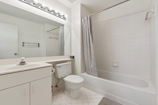 full bathroom with tile patterned floors, shower / bath combination with curtain, toilet, and vanity