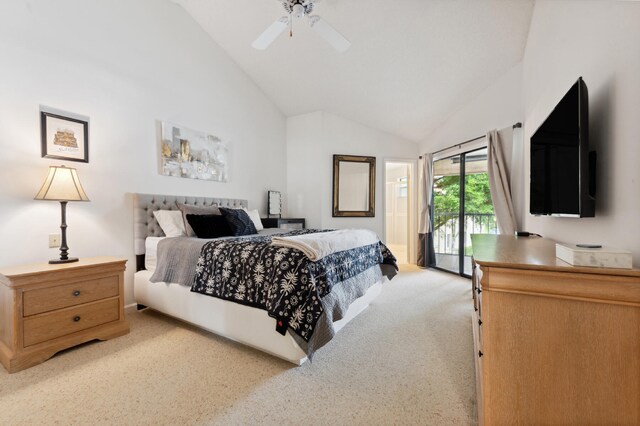 bedroom featuring access to outside, ceiling fan, carpet flooring, and high vaulted ceiling