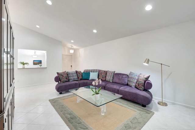 tiled living room featuring lofted ceiling