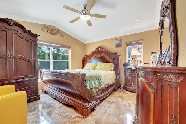 bedroom featuring ornamental molding, vaulted ceiling, and ceiling fan