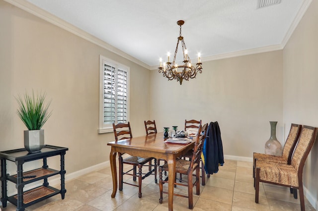 dining room with a notable chandelier, light tile patterned flooring, and crown molding