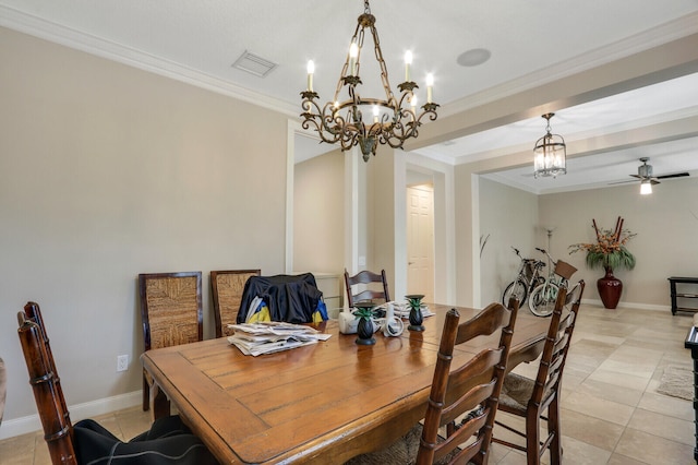 dining room featuring ceiling fan with notable chandelier, light tile patterned floors, and crown molding