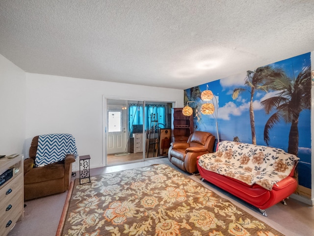 living room with carpet flooring and a textured ceiling