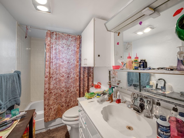 full bathroom with tile patterned floors, vanity, shower / bath combo, and toilet