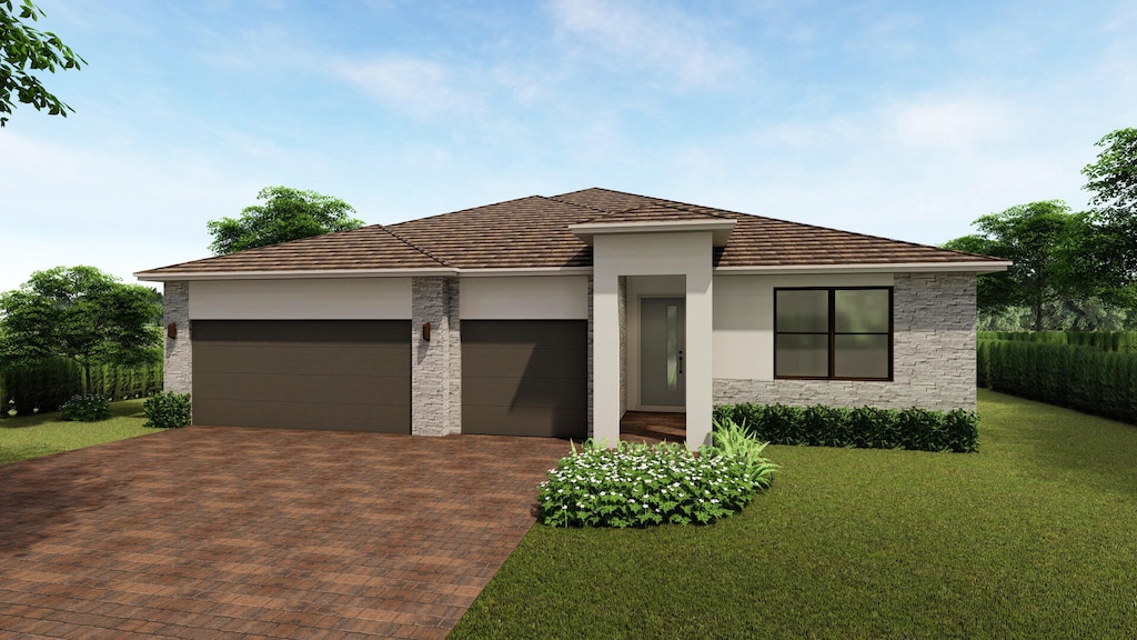 prairie-style house with a front yard and a garage