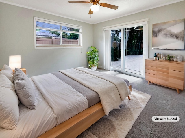 carpeted bedroom with ceiling fan, crown molding, and access to outside