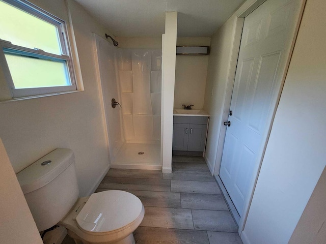 bathroom featuring a shower, vanity, and toilet