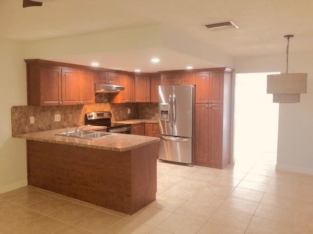 2727-29 NE 30th Ave, Lighthouse Point, FL 33064 - kitchen featuring appliances with stainless steel finishes, under cabinet range hood, decorative backsplash, a peninsula, and recessed lighting