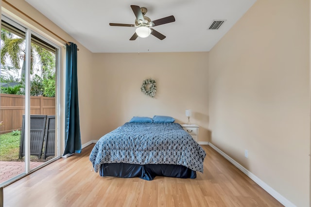 bedroom featuring ceiling fan and light wood-type flooring