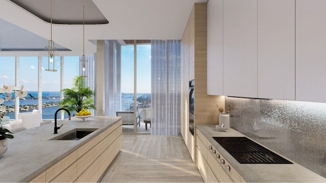 kitchen with sink, a water view, tasteful backsplash, decorative light fixtures, and black electric stovetop