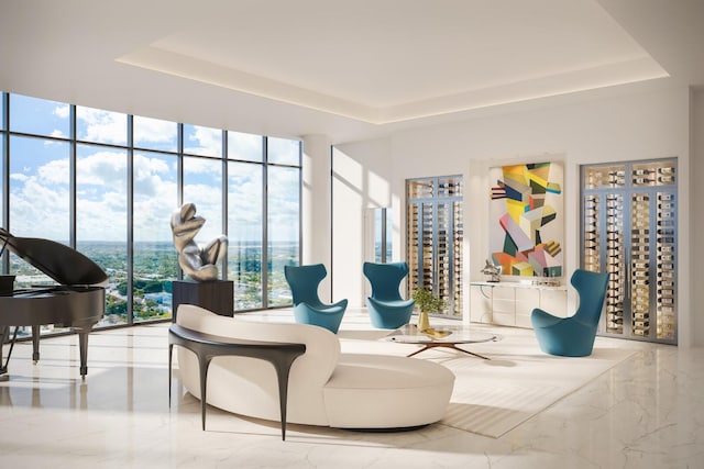 living area with a wall of windows and a raised ceiling