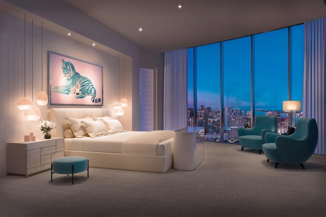 bedroom featuring expansive windows and carpet