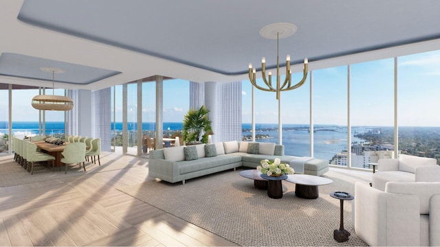 sunroom / solarium with a water view, a healthy amount of sunlight, and a chandelier