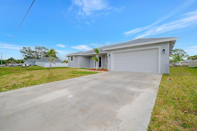 single story home featuring a front yard and a garage