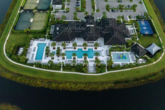 drone / aerial view with a water view