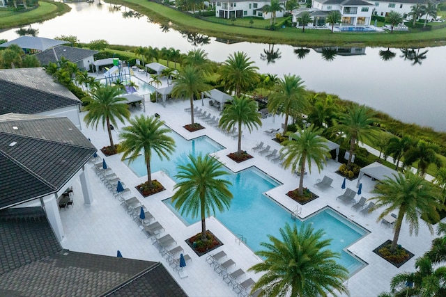 drone / aerial view featuring a water view