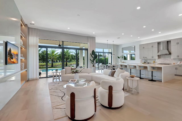 living room featuring light hardwood / wood-style flooring and sink