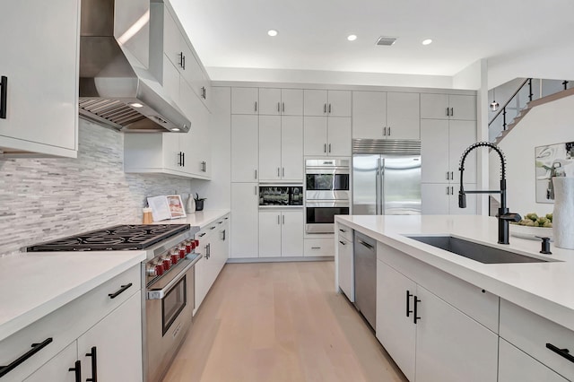 kitchen with high quality appliances, white cabinets, sink, wall chimney exhaust hood, and light hardwood / wood-style floors