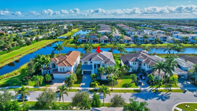 aerial view featuring a water view